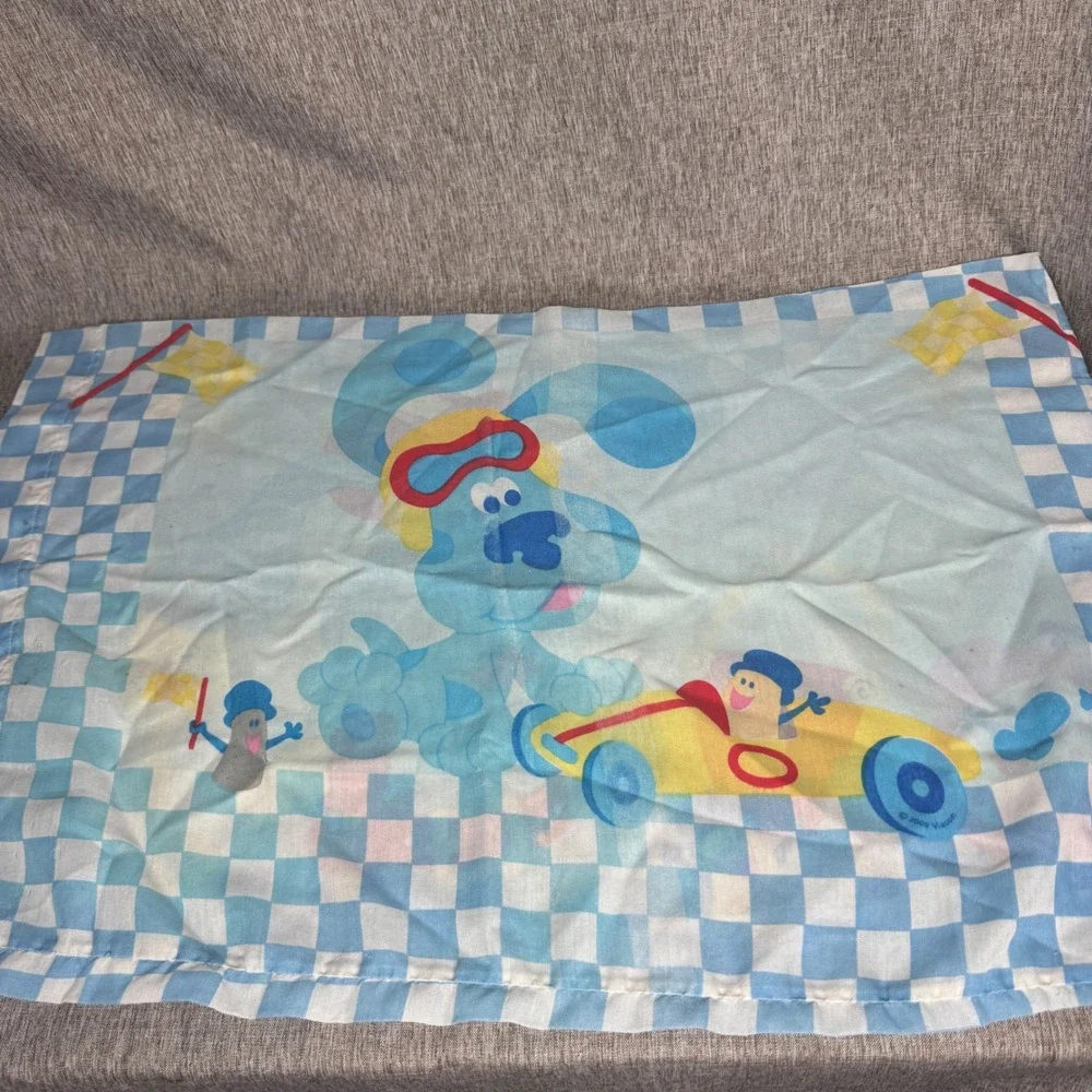 Vintage Blues Clues Twin Sheet Set 2000 Blue Checkered Racing READ